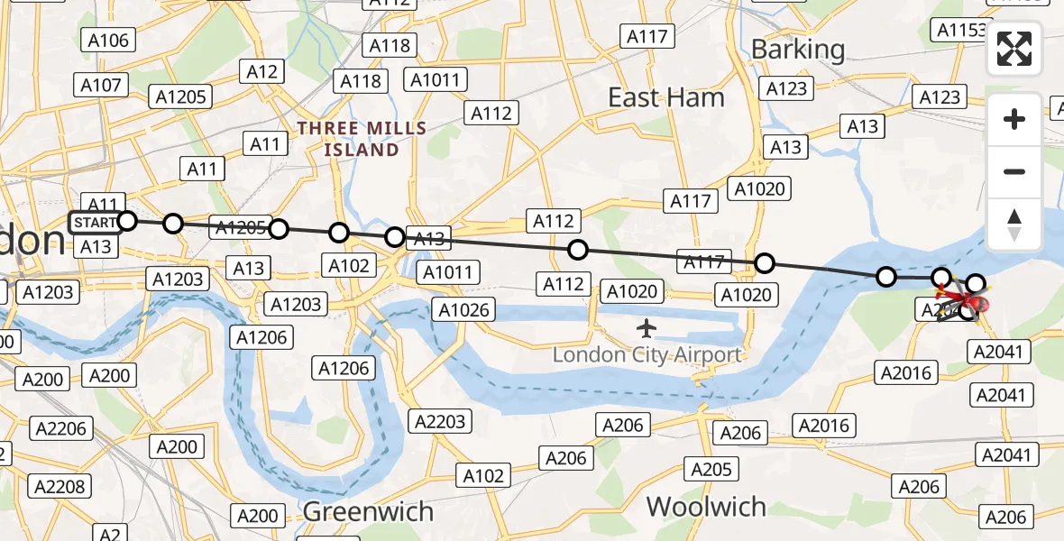 Flight route Air Ambulance Helicopter Royal London Hospital - Thamesmead, 22 June 2026, 14:10