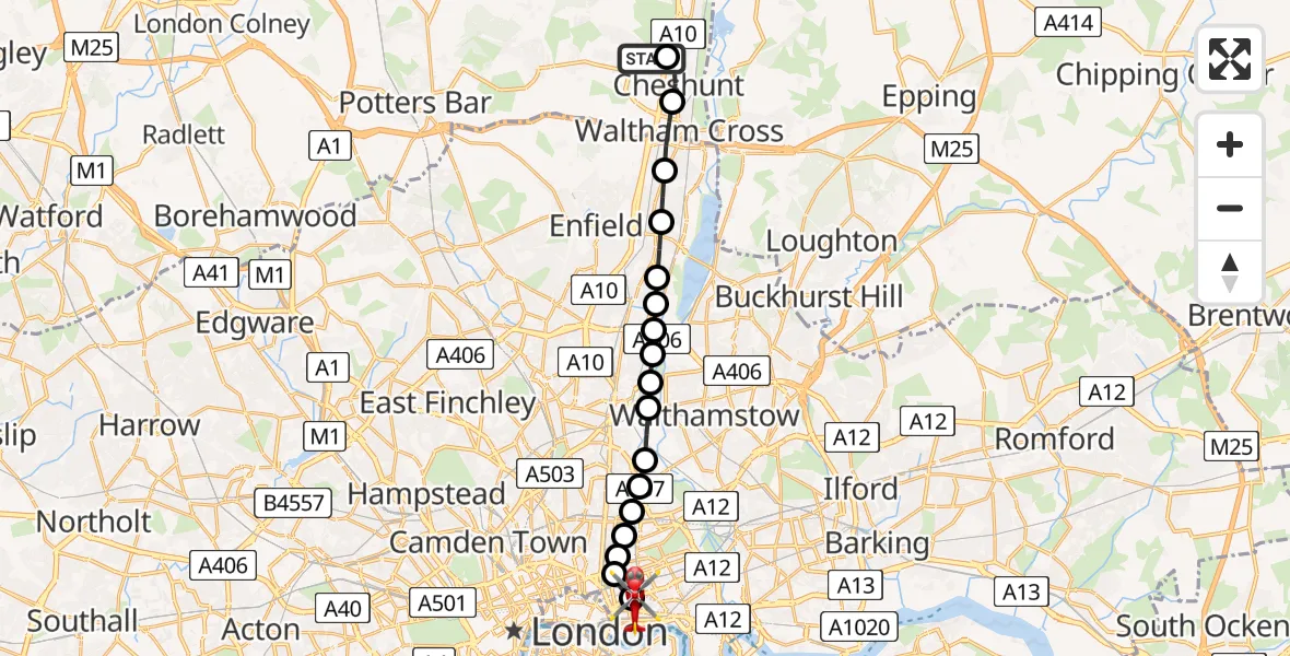 Flight route Air Ambulance Helicopter Broxbourne - Royal London Hospital, 22 June 2026, 14:21