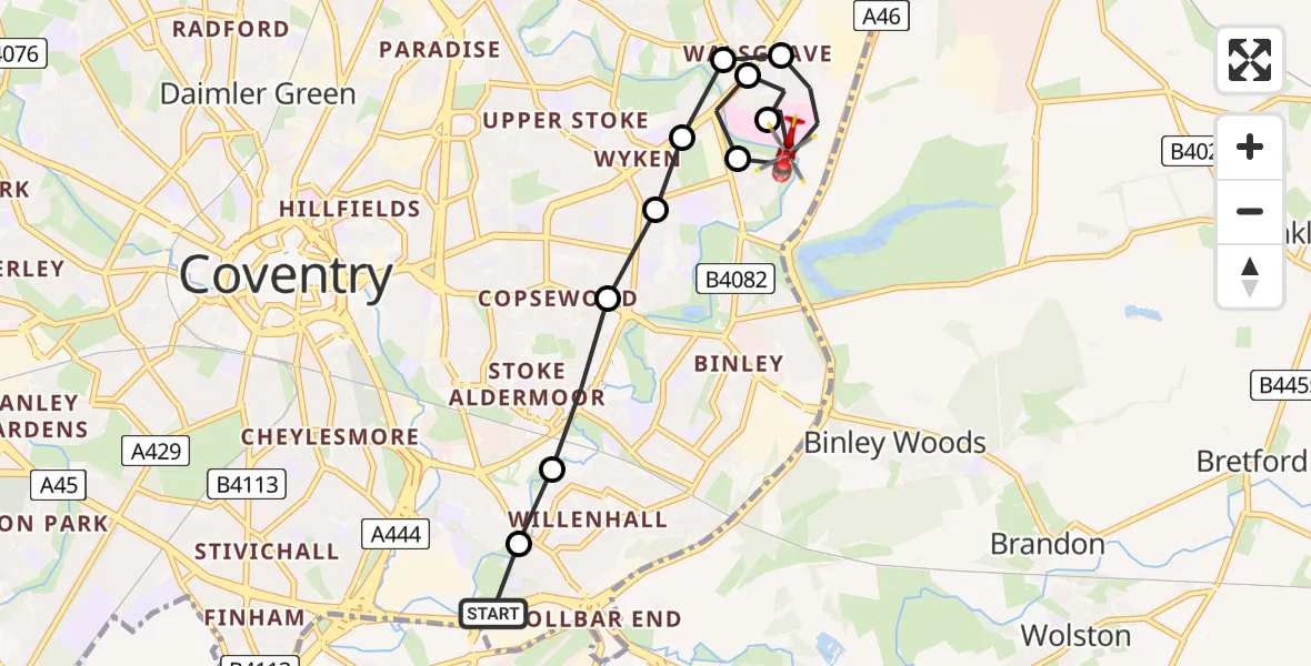 Flight route Air Ambulance Helicopter Tollbar End - University Hospital Coventry, 22 June 2026, 14:21