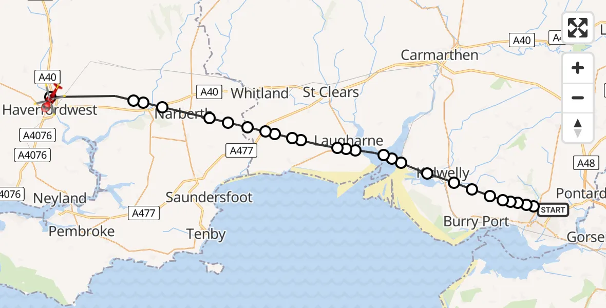 Flight route Air Ambulance Helicopter Dafen - Haverfordwest, 22 June 2026, 14:26