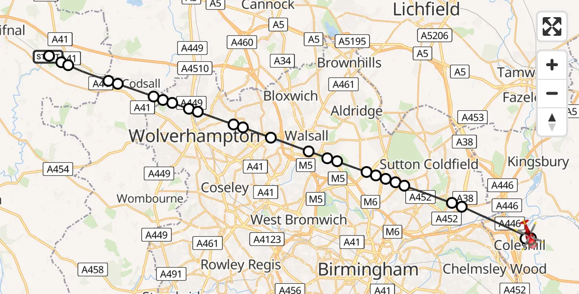 Flight route Air Ambulance Helicopter RAF Cosford - Coleshill CP, 22 June 2026, 14:28