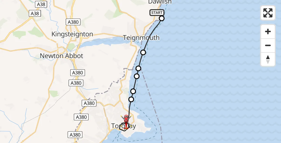 Flight route Air Ambulance Helicopter Dawlish - Torquay, 22 June 2026, 14:35