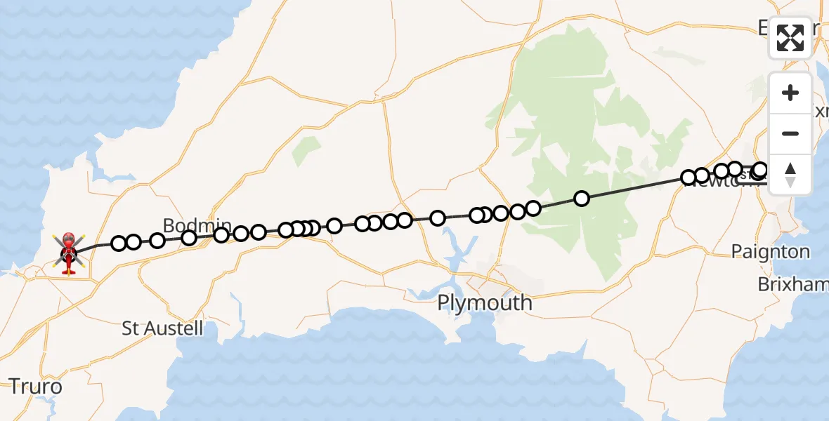 Flight route Air Ambulance Helicopter Newton Abbot - Cornwall Airport Newquay, 22 June 2026, 14:36