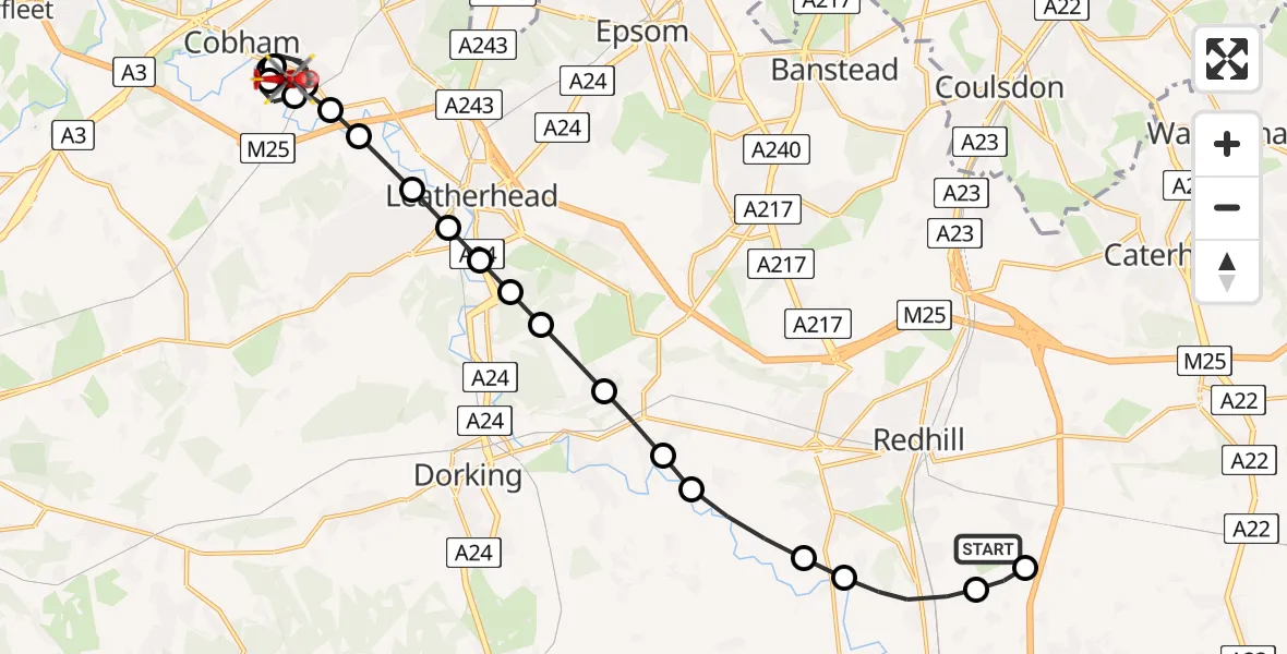 Flight route Air Ambulance Helicopter Redhill Aerodrome - Stoke D'Abernon, 22 June 2026, 14:43