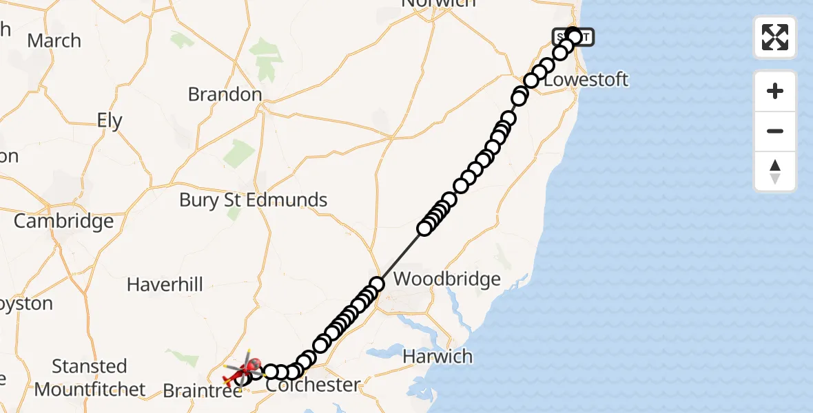 Flight route Air Ambulance Helicopter James Paget Hospital - Earls Colne Airfield, 22 June 2026, 14:43