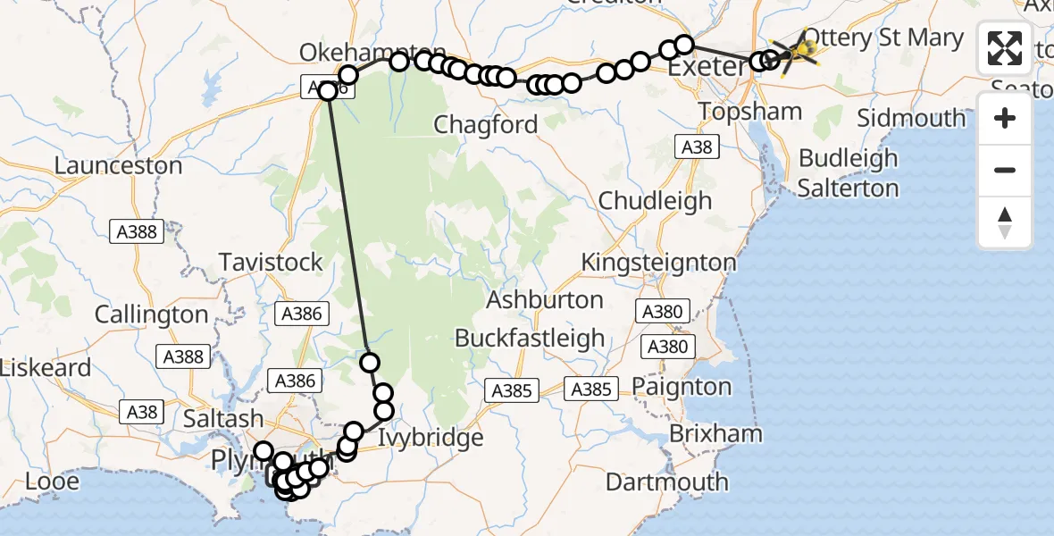 Flight route Police Helicopter Plymouth - Exeter International Airport, 22 June 2026, 14:45