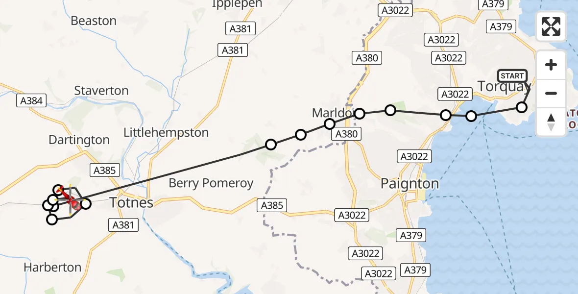 Flight route Air Ambulance Helicopter Torquay - Dartington, 22 June 2026, 14:54