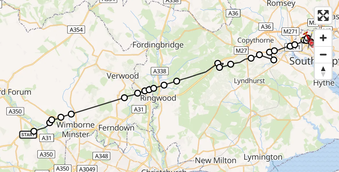 Flight route Air Ambulance Helicopter Newton Peveril Airfield - University Hospital Southampton, 22 June 2026, 14:55