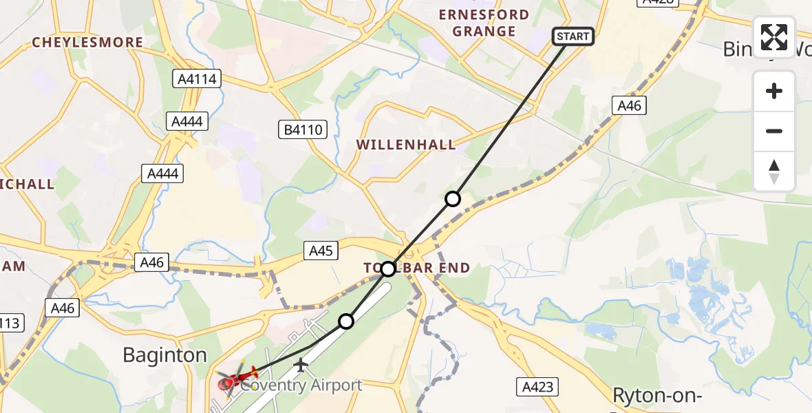 Flight route Air Ambulance Helicopter Binley - Coventry Airport, 22 June 2026, 15:01