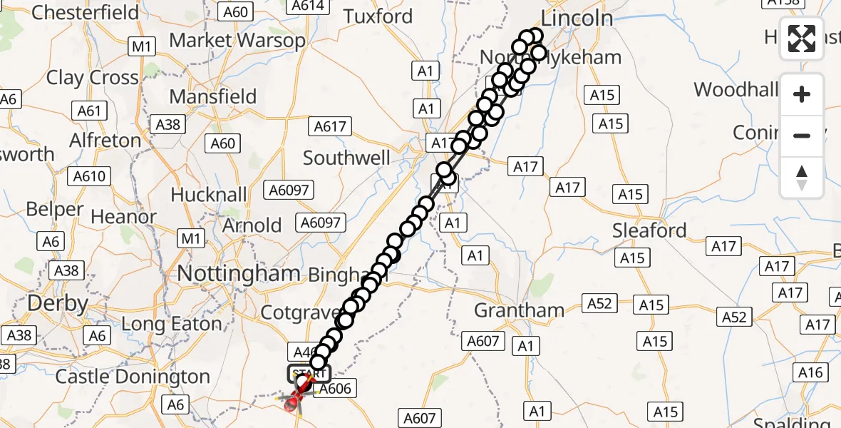 Flight route Air Ambulance Helicopter Hickling - Rushcliffe, 22 June 2026, 15:12