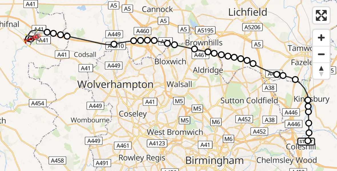 Flight route Air Ambulance Helicopter Coleshill CP - Cosford, 22 June 2026, 15:31