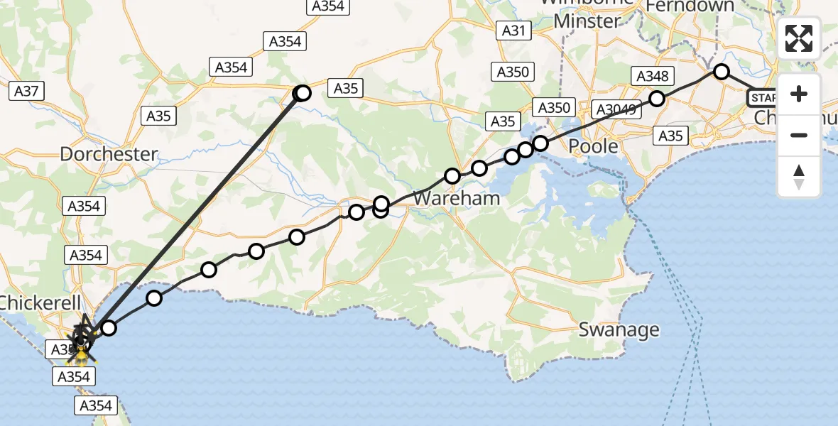 Flight route Police Helicopter Royal Bournemouth Hospital - Weymouth, 22 June 2026, 15:37
