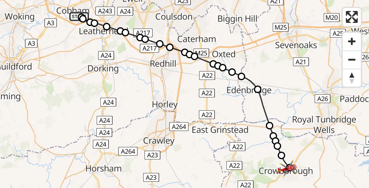 Flight route Air Ambulance Helicopter Stoke D'Abernon - Crowborough, 22 June 2026, 15:39