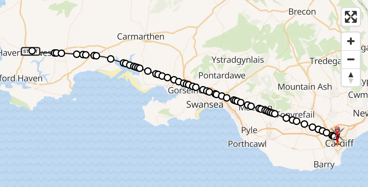 Flight route Air Ambulance Helicopter Haverfordwest - Birchgrove, 22 June 2026, 15:41