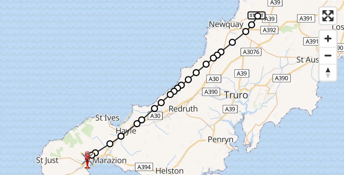 Flight route Air Ambulance Helicopter Cornwall Airport Newquay - Penzance, 22 June 2026, 15:43