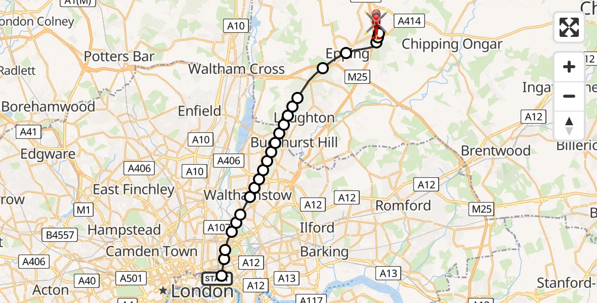 Flight route Air Ambulance Helicopter Royal London Hospital - North Weald Airfield, 22 June 2026, 15:46
