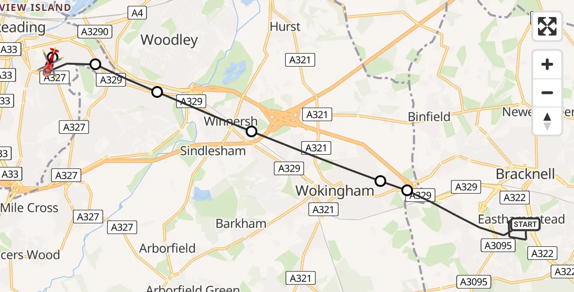 Flight route Air Ambulance Helicopter Bracknell - Reading, 22 June 2026, 15:49