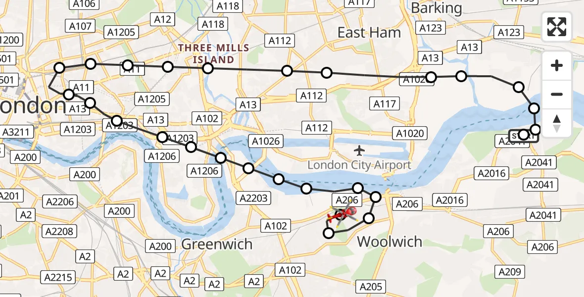 Flight route Air Ambulance Helicopter Thamesmead - Charlton, 22 June 2026, 15:51