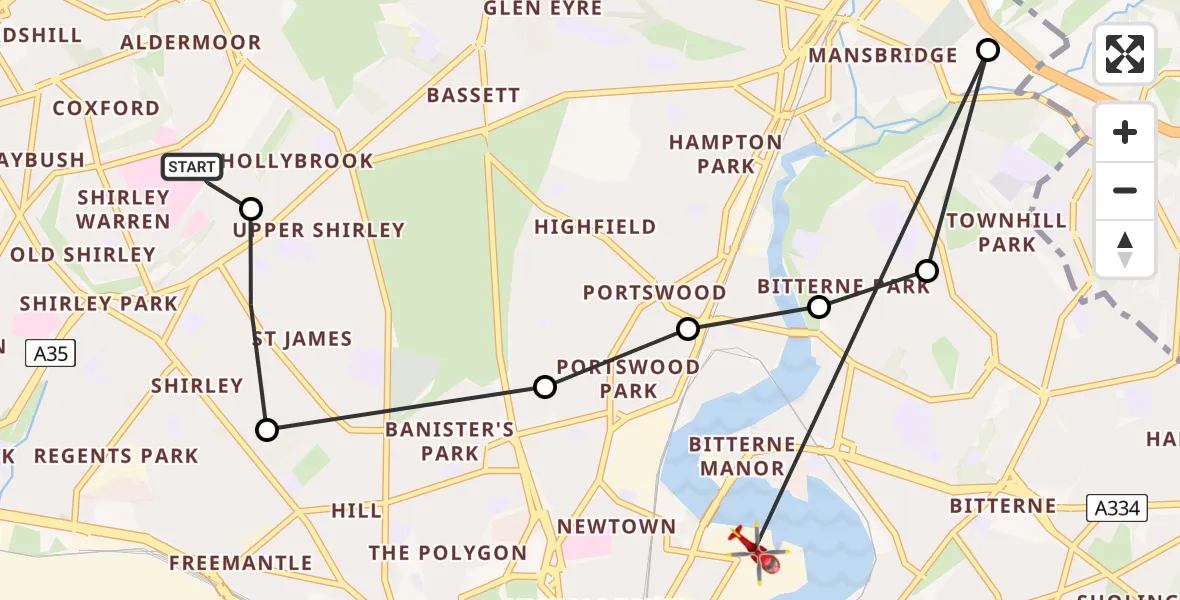 Flight route Air Ambulance Helicopter University Hospital Southampton - Northam, 22 June 2026, 15:51