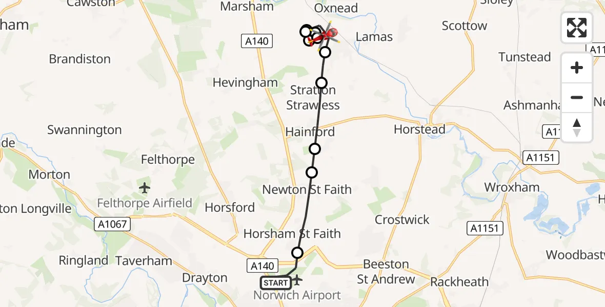 Flight route Air Ambulance Helicopter Norwich Airport - Buxton, 22 June 2026, 15:55