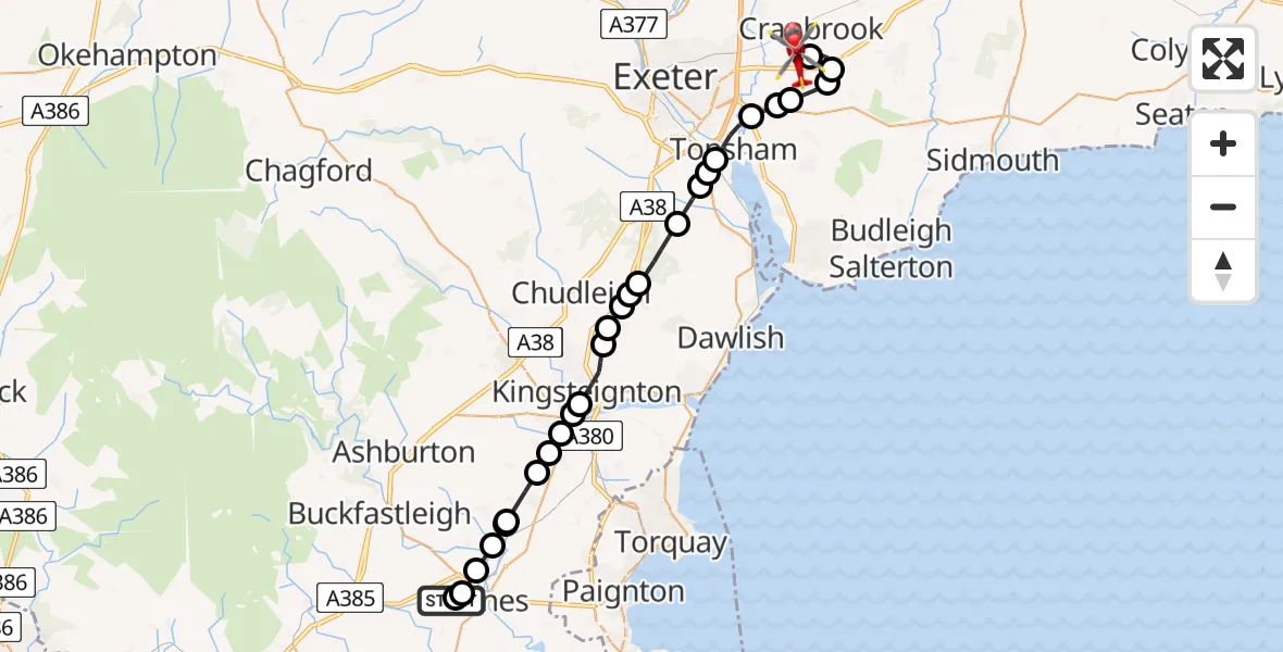 Flight route Air Ambulance Helicopter Totnes - Exeter International Airport, 22 June 2026, 16:01