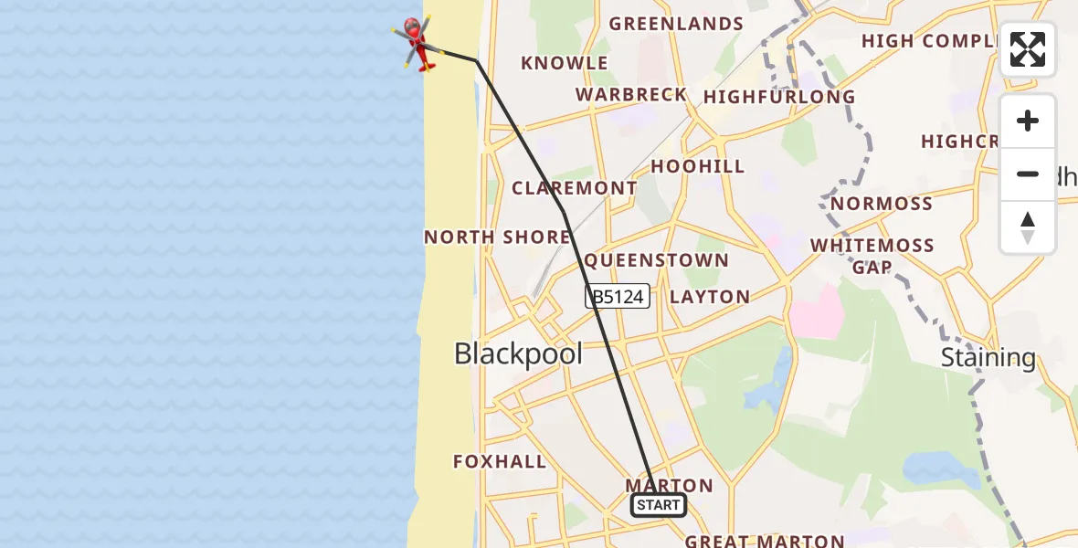 Flight route Air Ambulance Helicopter Blackpool - Blackpool, 22 June 2026, 16:04