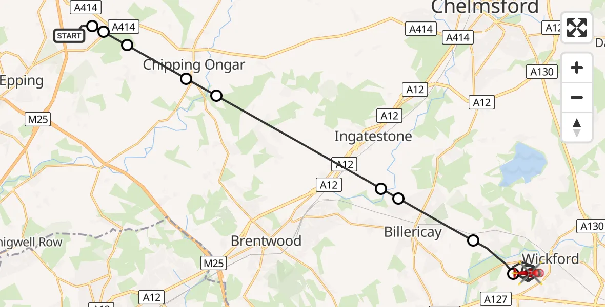 Flight route Air Ambulance Helicopter North Weald Airfield - Wickford, 22 June 2026, 16:12