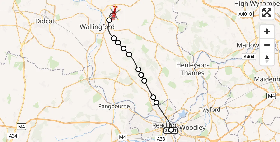 Flight route Air Ambulance Helicopter Royal Berkshire Hospital - RAF Benson, 22 June 2026, 16:34