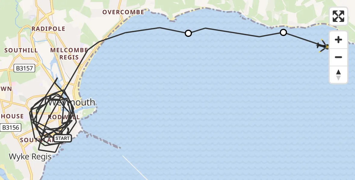 Flight route Police Helicopter Weymouth - Owermoigne, 22 June 2026, 16:35