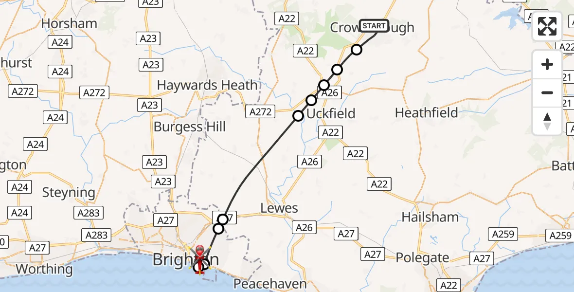 Flight route Air Ambulance Helicopter Crowborough - Brighton, 22 June 2026, 16:44