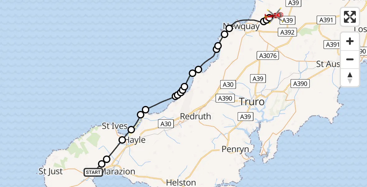 Flight route Air Ambulance Helicopter Penzance - Cornwall Airport Newquay, 22 June 2026, 16:55