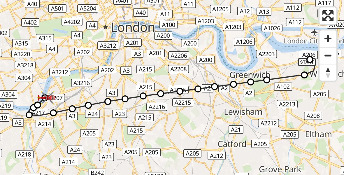 Flight route Air Ambulance Helicopter Charlton Riverside - London Heliport, 22 June 2026, 17:00
