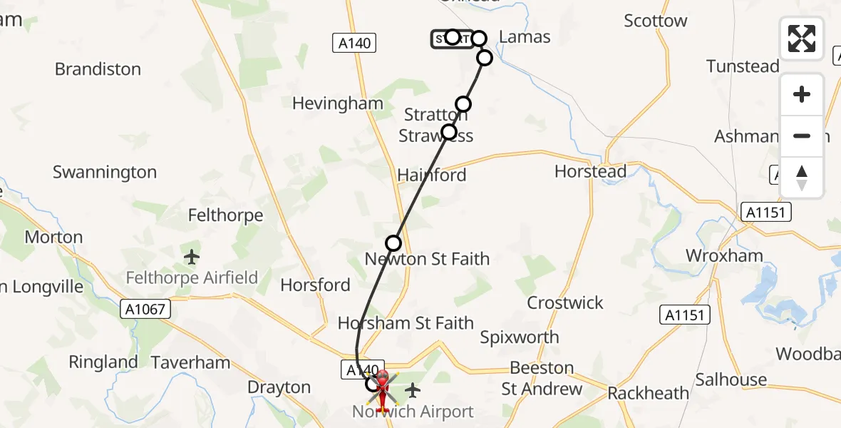 Flight route Air Ambulance Helicopter Brampton - Norwich Airport, 22 June 2026, 17:01