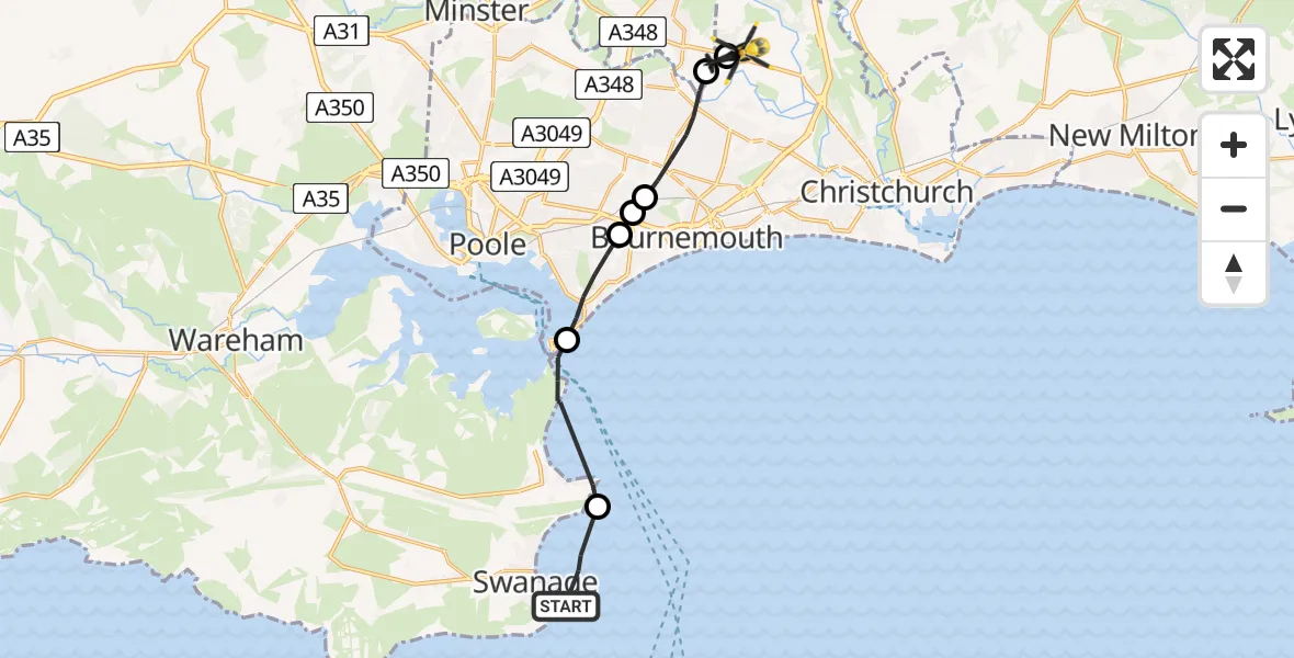 Flight route Police Helicopter English Channel - Bournemouth Airport, 22 June 2026, 17:10