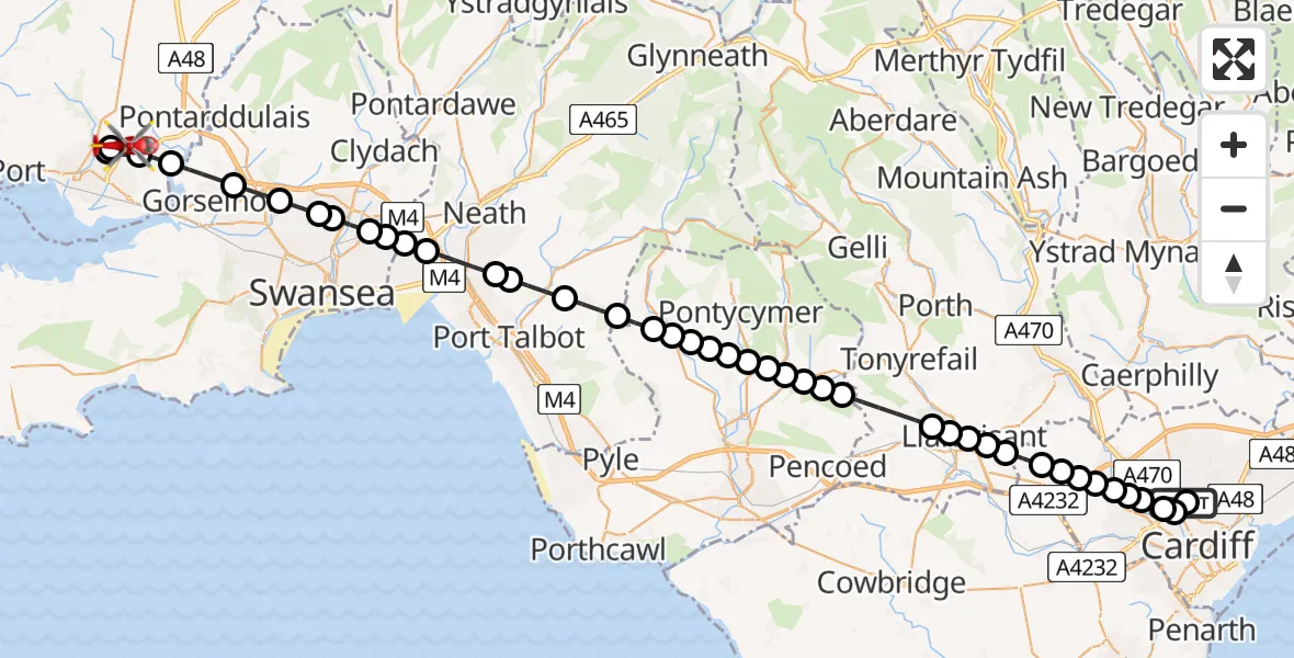 Flight route Air Ambulance Helicopter Birchgrove - Dafen, 22 June 2026, 17:15