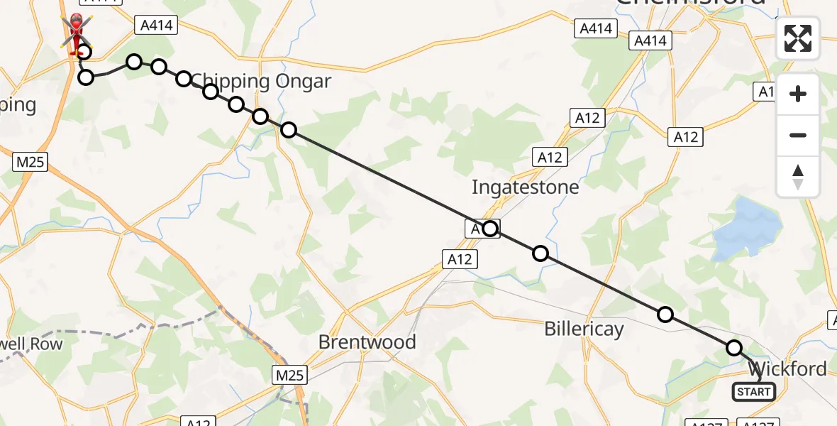 Flight route Air Ambulance Helicopter Wickford - North Weald Airfield, 22 June 2026, 17:16