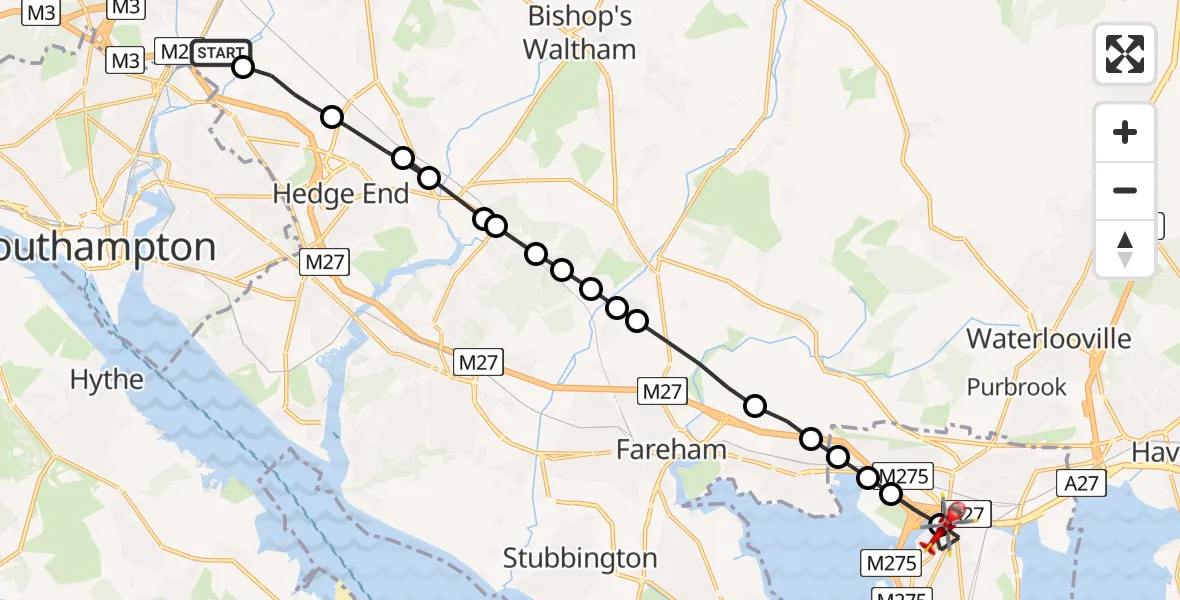 Flight route Air Ambulance Helicopter Southampton Airport - Hilsea, 22 June 2026, 17:38