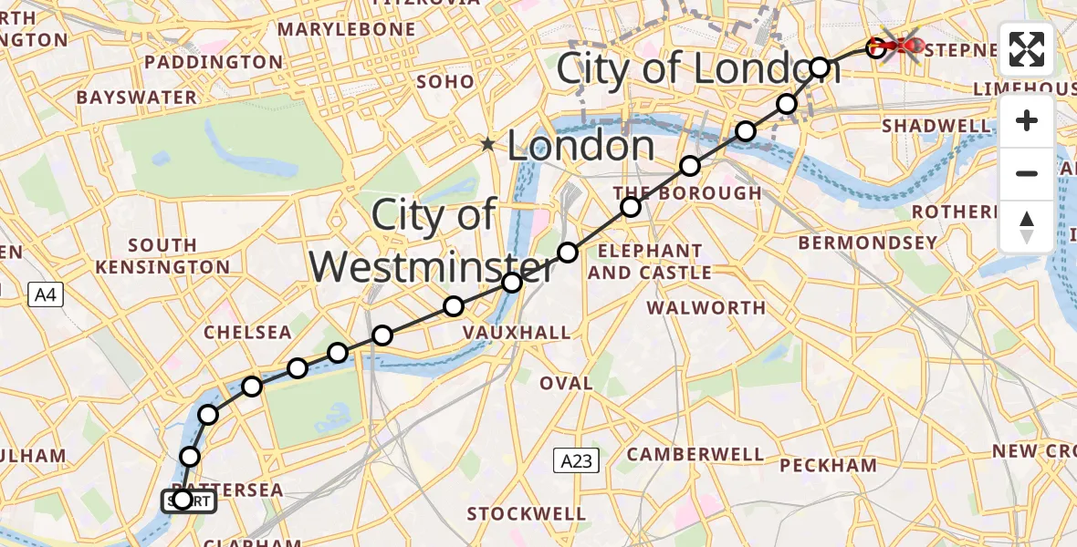 Flight route Air Ambulance Helicopter London Heliport - Royal London Hospital, 22 June 2026, 17:40