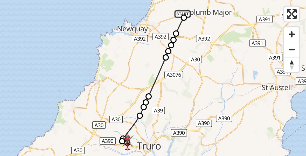 Flight route Air Ambulance Helicopter Cornwall Airport Newquay - Treliske Hospital, 22 June 2026, 17:46