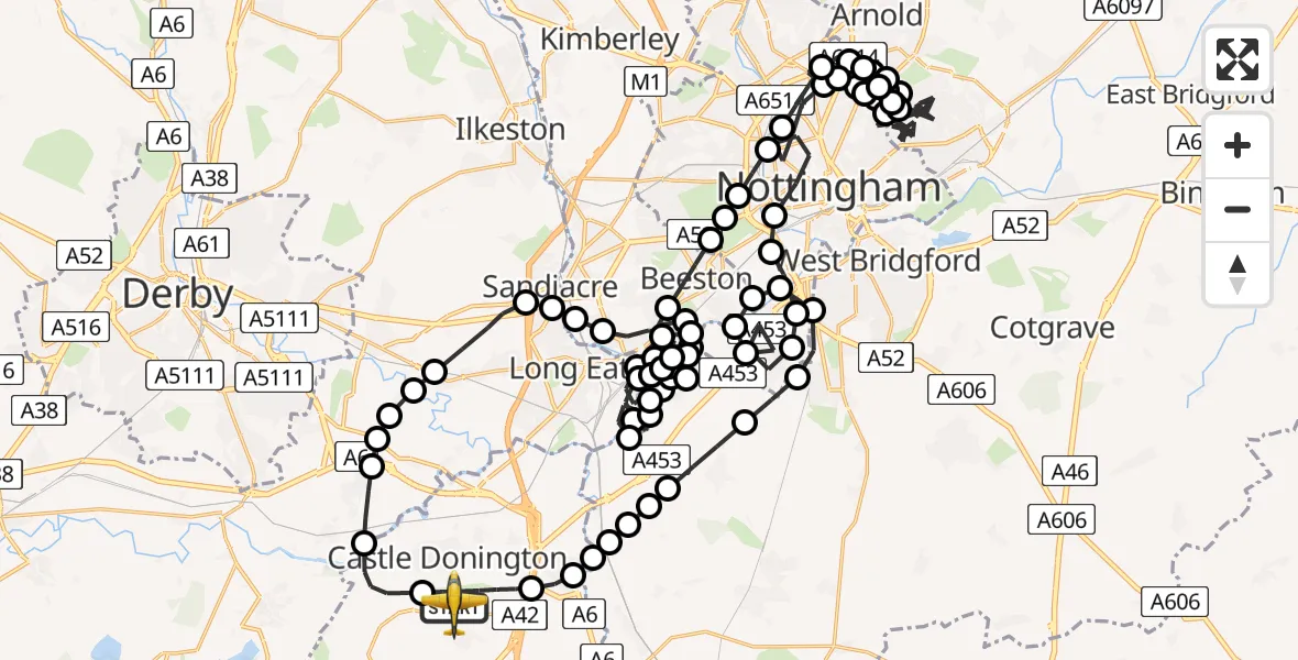 Flight route Police Aircraft East Midlands Airport - East Midlands Airport, 22 June 2026, 17:47
