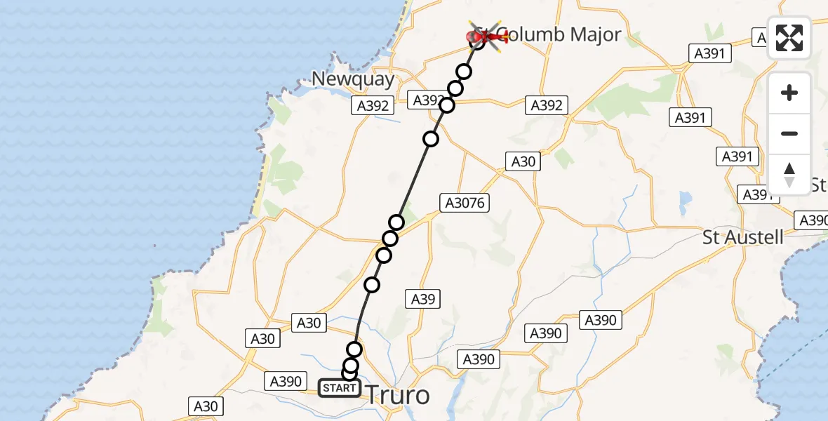 Flight route Air Ambulance Helicopter Treliske Hospital - Cornwall Airport Newquay, 22 June 2026, 18:06