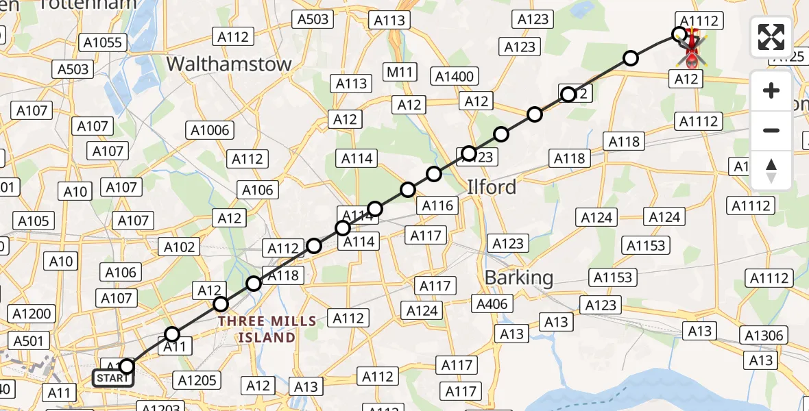 Flight route Air Ambulance Helicopter Royal London Hospital - Marks Gate, 22 June 2026, 18:10