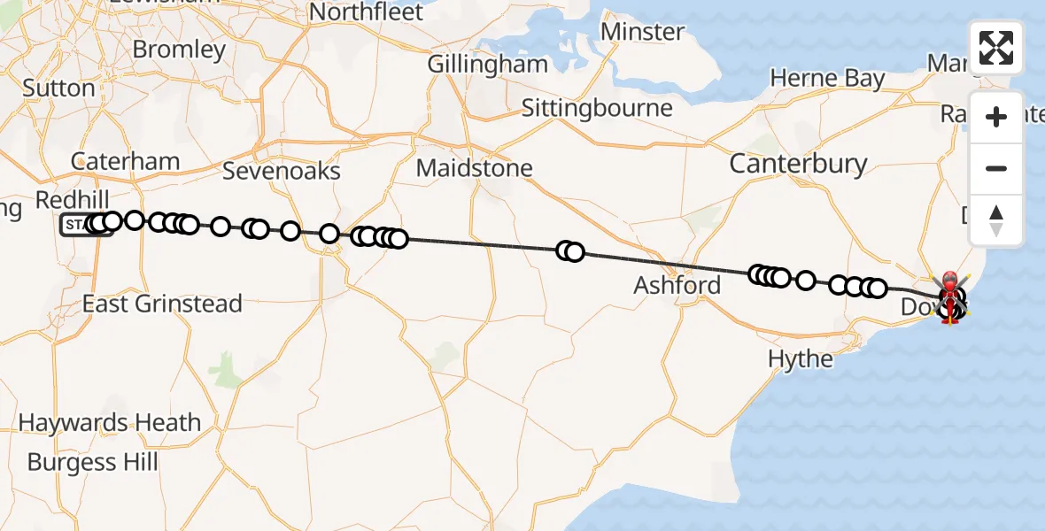 Flight route Air Ambulance Helicopter Redhill Aerodrome - Langdon Battery Heliport, 22 June 2026, 18:14