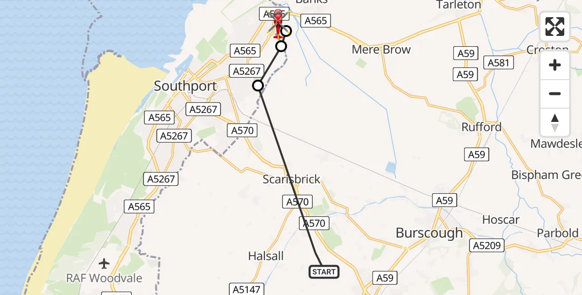 Flight route Air Ambulance Helicopter Ormskirk - Sefton, 22 June 2026, 18:20