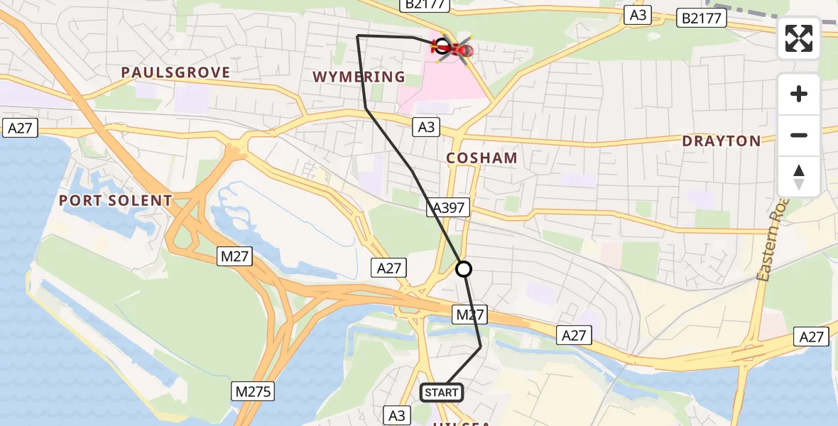 Flight route Air Ambulance Helicopter Hilsea - Queen Alexandra Hospital, 22 June 2026, 18:33