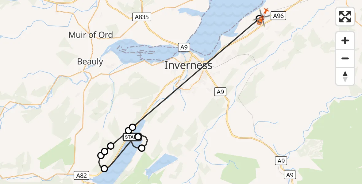 Flight route Coastguard Helicopter Loch Ness - Inverness Airport, 22 June 2026, 18:39