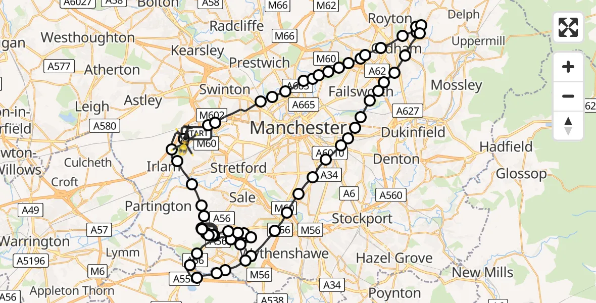 Flight route Police Helicopter Worsley - Manchester Barton Aerodrome, 22 June 2026, 18:53