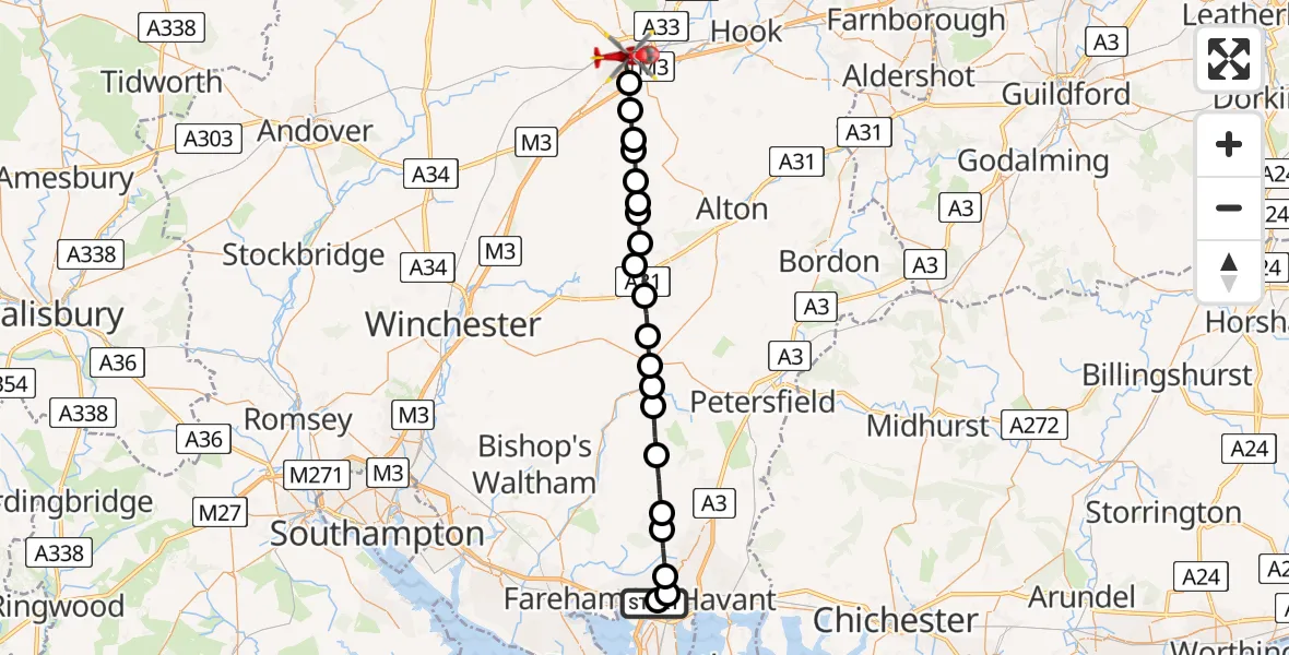 Flight route Air Ambulance Helicopter Queen Alexandra Hospital - Basingstoke, 22 June 2026, 19:12