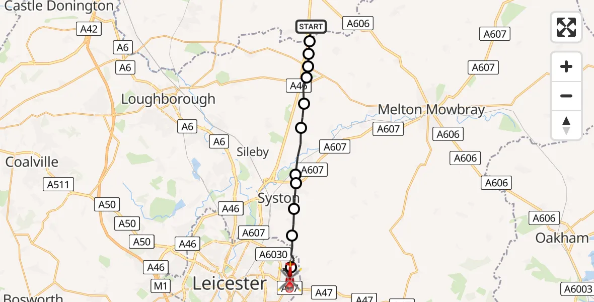 Flight route Air Ambulance Helicopter Rushcliffe - Thurnby Lodge, 22 June 2026, 19:17