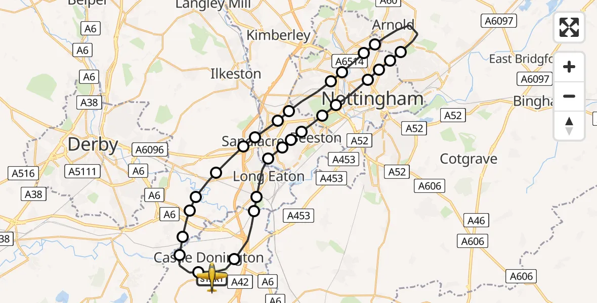 Flight route Police Aircraft East Midlands Airport - East Midlands Airport, 22 June 2026, 19:22